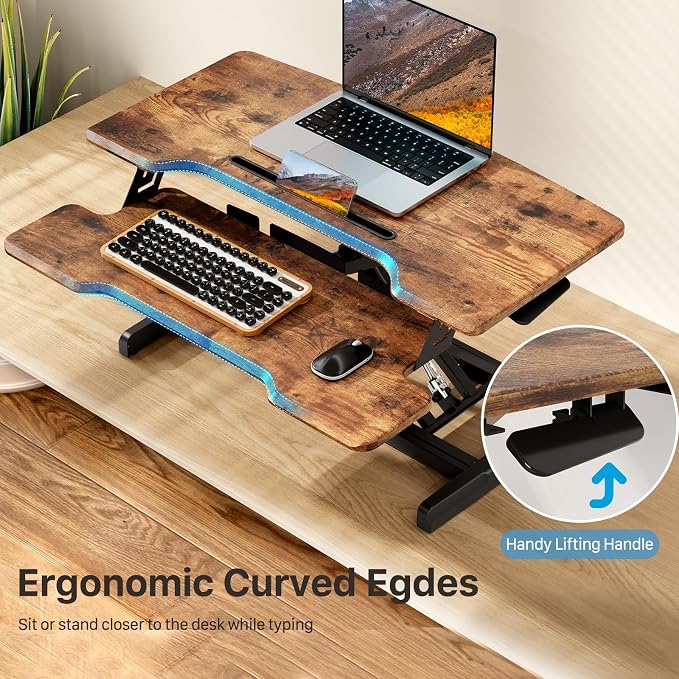32" Standing Desk Converter, Quick Sit to Stand Desk Riser | Height Adjustable Stand up Desk with Keyboard Tray for Dual Monitor, Copmputer Workstation for Home Office, Rustic Brown - Image 5