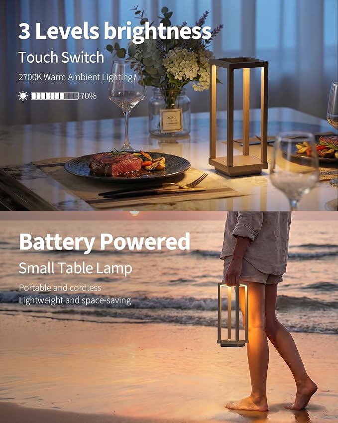 PUSU Cordless Waterproof Table Lamps Set of 2, Brown LED Outdoor Desk Lamp | Rechargeable 4000mAh Battery Operated, 2700K 3-Level Dimmable, Portable Lighting for Patio, Camping, Bedroom, Night Light - Image 4