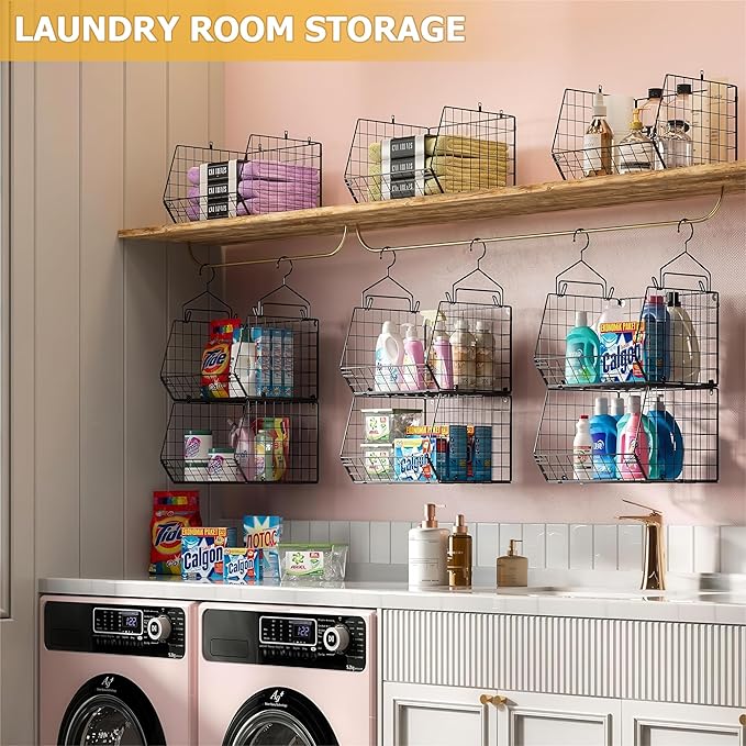 X-cosrack 3-Tier Hanging Closet Organizer, Laundry Room Organization | Space Saving Shelves with 1.65" Hook & 5 S-Hooks | Hanging Wire Baskets (12.4" W x 8.8" H x 10.24-11.8" D) - Image 4