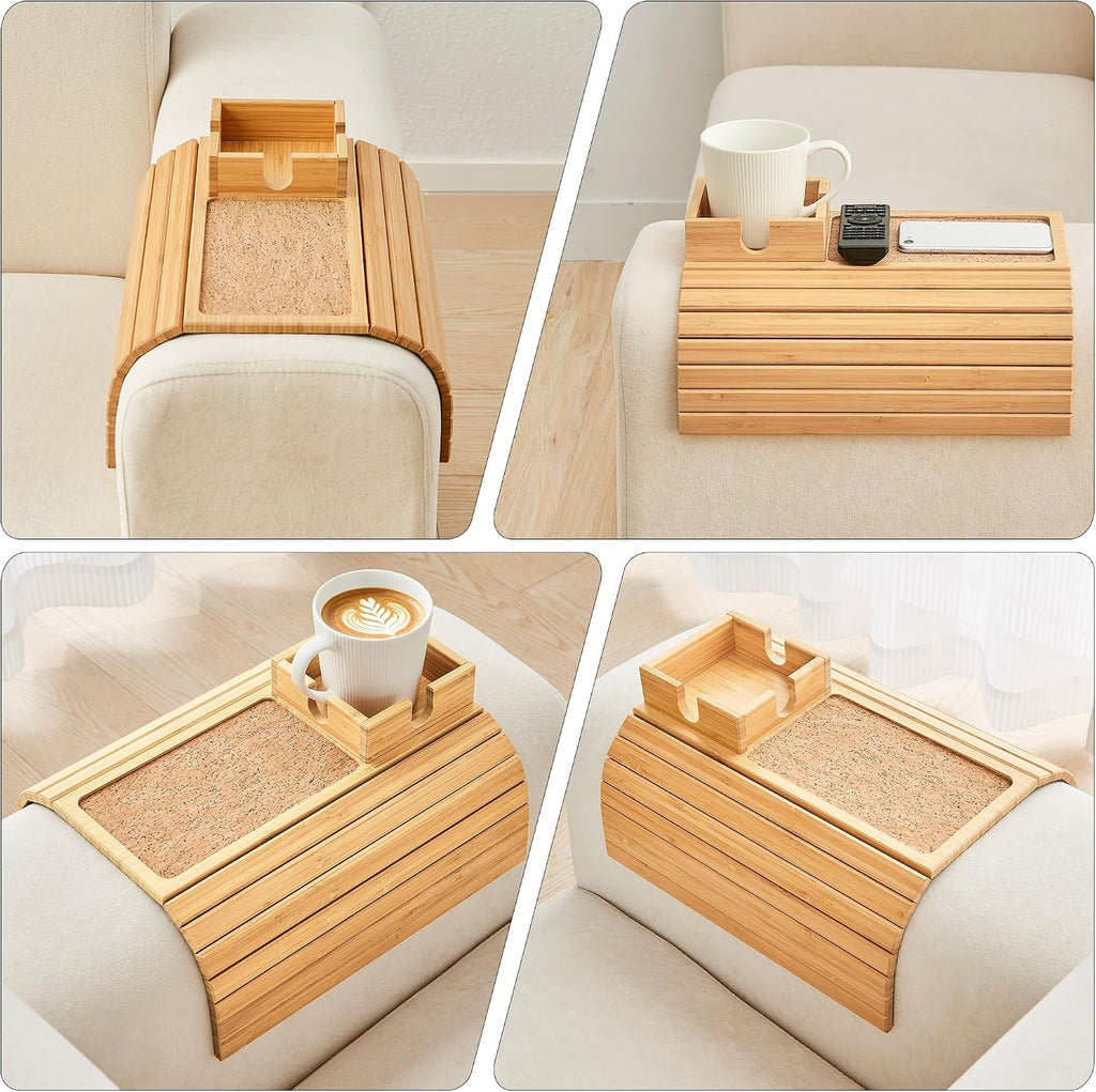 Bamboo Sofa Arm Tray Table, Foldable Couch Cup Holder, Anti-Slip Wide Couch Arm Tray Aremrest Table for Drink, Cup, Remote, Snacks, Cellphone, Portable, Bamboo/Cork Color - Image 7