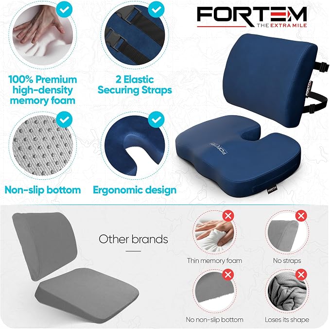 FORTEM Seat Cushion & Lumbar Support for Office Chair, Wheelchair, Car | Memory Foam | Ergonomic Design | Washable Cover | Non Slip | Blue - Image 7