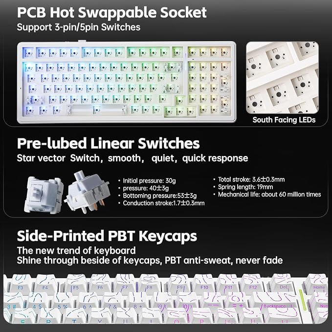 Aula F99 Creamy Keyboard Wireless Mechanical Custom Gaming Keyboards | 96% Computer Keyboard,Hot Swappable RGB Backlit Keyboards,Full Size Topographic Side-printed Keycaps,LEOBOG Switch - Image 5