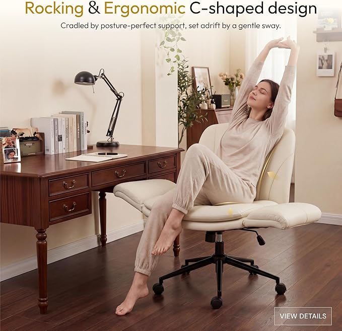 Dowinx Criss Cross Chair with Five-Level Adjustable Arms and Wheels - Comfortable Ergonomic PU Leather Swivel Vanity Chair - Computer Makeup Gaming Chair for Home Office, Bedroom, Vanity Room (Khaki) - Image 4