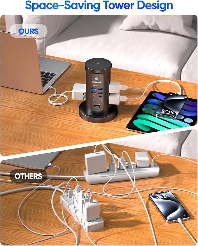 Power Strip Tower, kakyanill Charging Station 9 AC Outlets 8 USB Ports | 6 Ft Retractable Extension Cord, 15W Wireless Charger, Black - Image 4