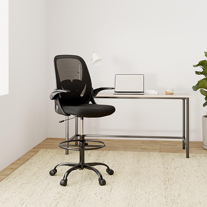 Drafting Chair Tall Office Chair with Flip-up Armrests Executive Ergonomic Computer Standing Desk Chair with Lumbar Support and Adjustable Footrest Ring (Black) - Image 2