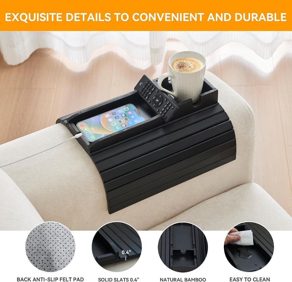 Bamboo Couch Cup Holder Tray, Foldable Couch Arm Tray Armrest Table | Anti-Spill Sofa Arm Tray Perfect for Cups, Beers, Snacks, Remote Control, Drinks - Image 4