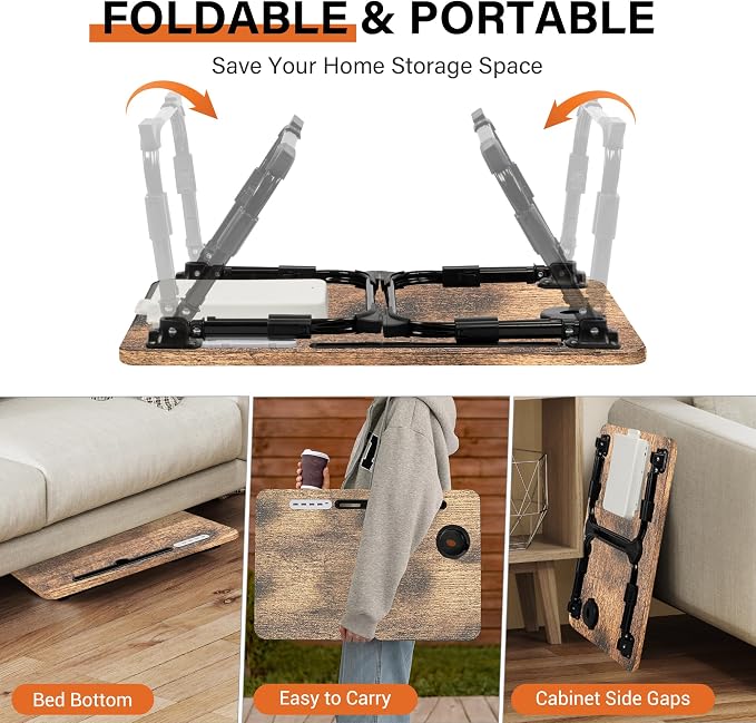 Lap Desk for Bed Adjustable Height with USB Port 23.6" x15.7" Desktop | Storage Drawer, Bookshelf, Fits 17" Laptop, For couch WFH Study, Foldable Non-Slip No Assembly Sturdy Lightweight Carbonized - Image 7