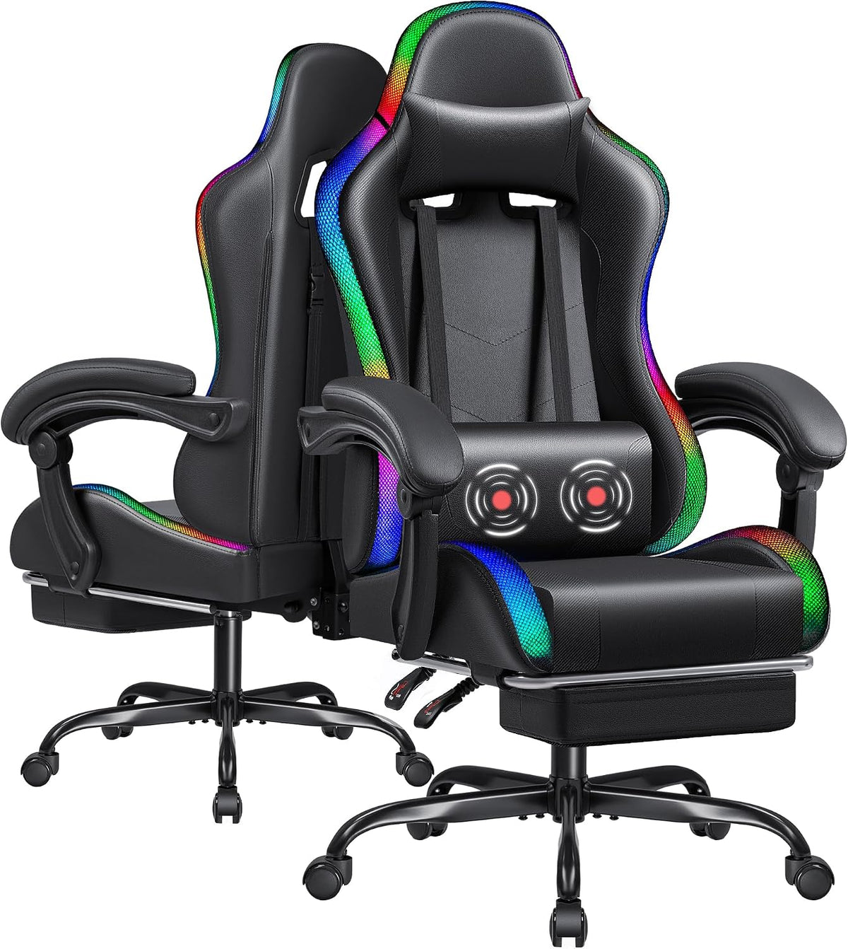 Furmax Gaming Chair with RGB LED Lights, Video Game Chair with Footrest and Massage Lumbar Support, High Back Reclining Computer Chair with Headrest, Swivel Seat Gamer Chair (LED Black) by Furmax