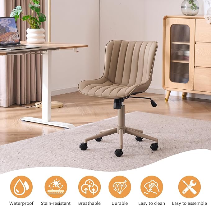YOUNIKE Office Desk Chair with Wheels Armless Vanity Chair Ergonomic Khaki | Faux Leather Upholstered with Rocking Back, Swivel Height Adjustable, Modern Small Cute Task Chair For Sewing Drafting - Image 8