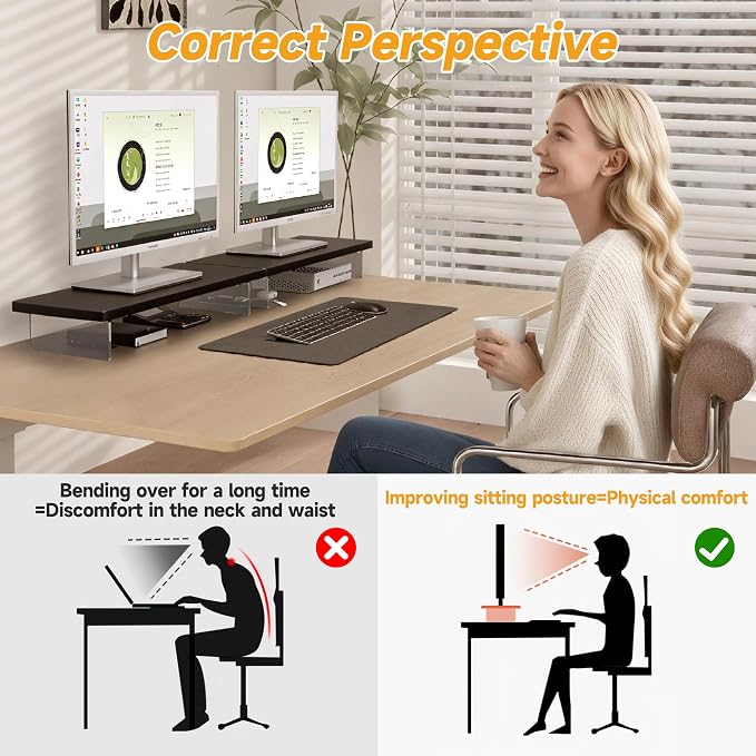 Computer Monitor Stands, Wood & Acrylic Computer Monitor Stand, Desk Monitor Stand Underneath Storage For Office, Home, School Supplies, 31.5" L (Black) - Image 3