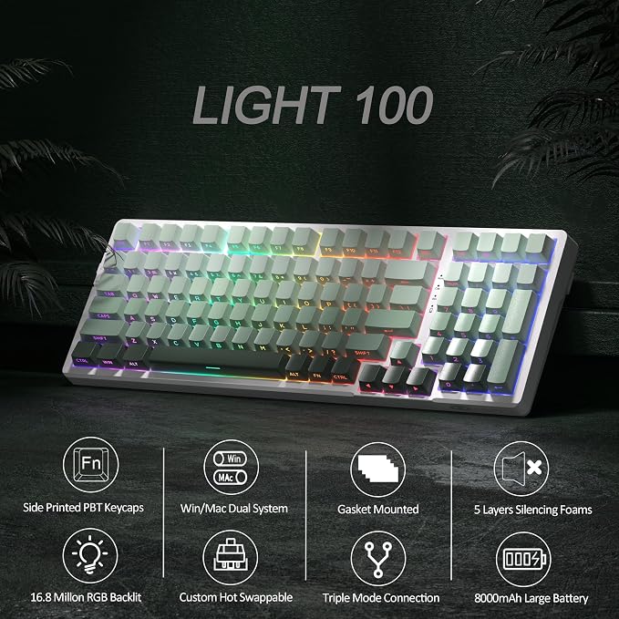 MageGee LIGHT100 Wireless Creamy Keyboard, Gasket Structure Hot Swappable, 2.4G/USB-C/BT5.0 RGB Backlit Mechanical Gaming Keyboard for Win/Mac/PC, 8000mAh Battery, Side Printed PBT Keycap, Green - Image 3