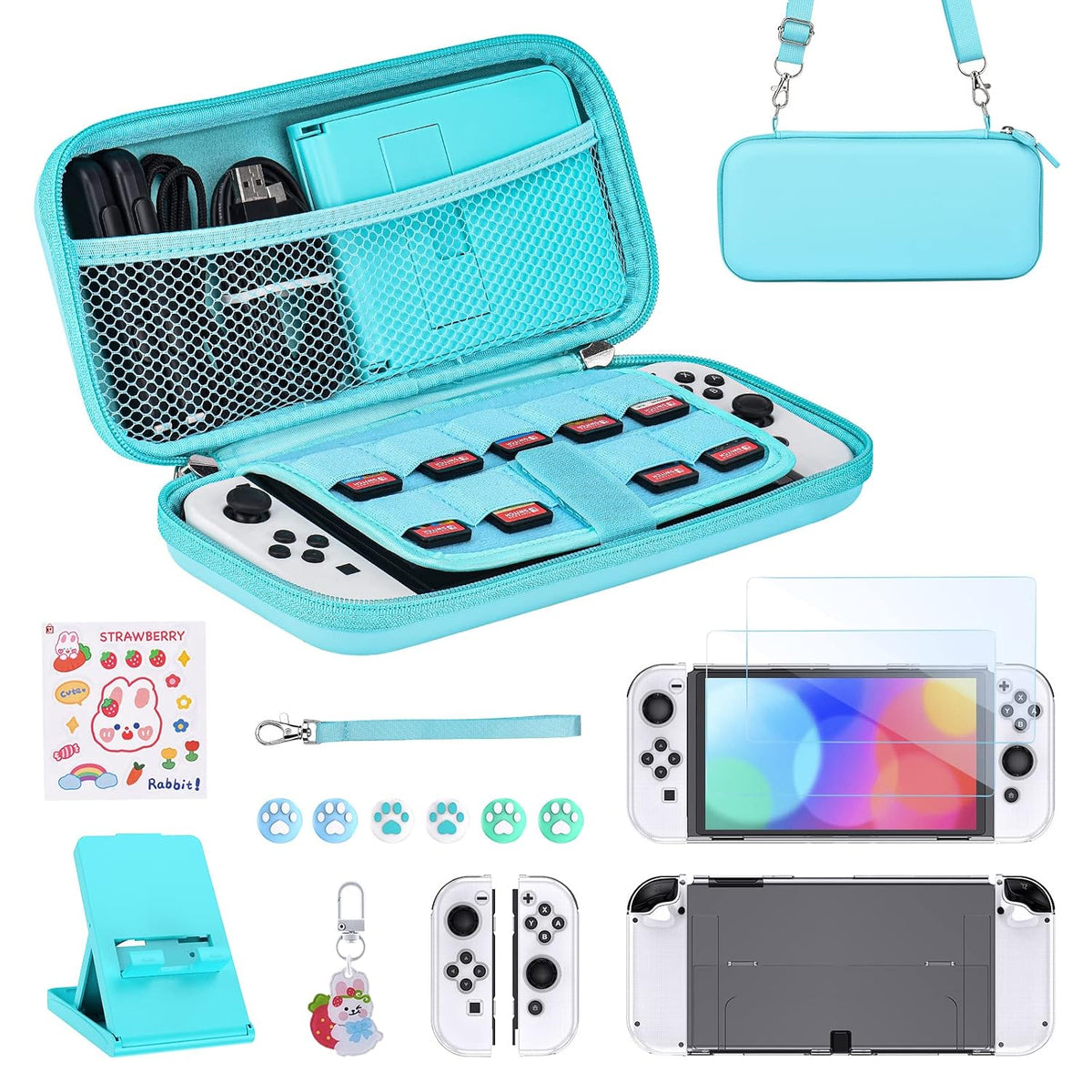 Younik Switch OLED Accessories Bundle, 17 in 1 Blue Switch Oled Accessories Kit for Girls Include Switch Carrying Case, Adjustable Stand, Protective Case for Switch Console & J-Con by Younik