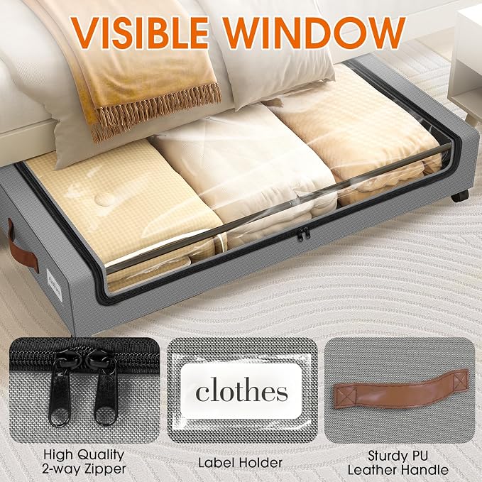 Under Bed Storage with Wheels 2Pack Storage Containers with Clear Window | Under Bed Drawers Rolling Under Bed Storage for Clothes,Shoes, Blankets (30.71 x 16.93 x 6.69 in, Light Grey) - Image 3