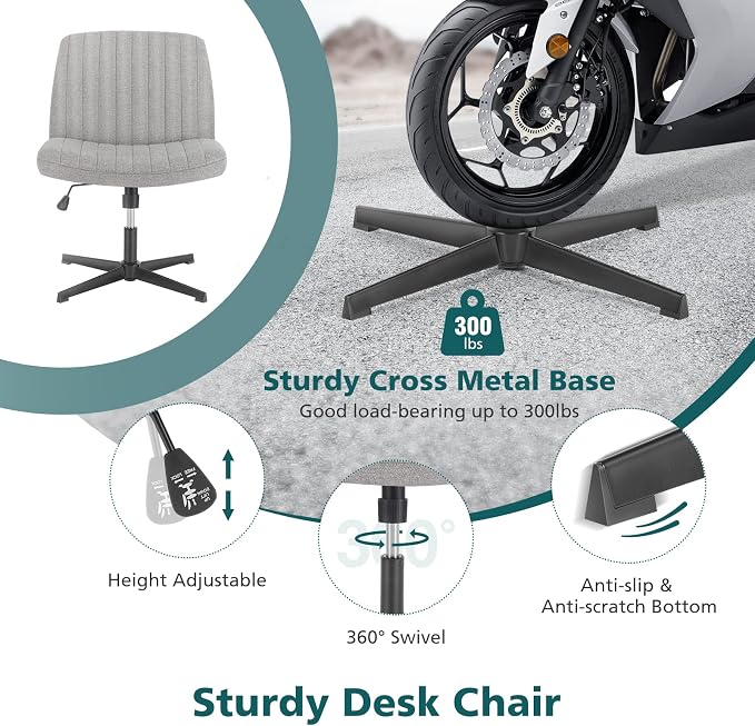 OLIXIS Criss Cross Chairs, Vanity Chair, Home Office Desk | Armless Wide Seat, Height Adjustable, Comfy Fabric, Bedroom, Study, Computer Task, Grey No Wheel - Image 6