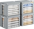 Yecaye Clothing Storage Bin with Lid, Clothes Storage Grey, 40L, 4 Pack | Metal Frame, Foldable, Stackable, Clear Window, Zippers, PU Leather Handles by Yecaye