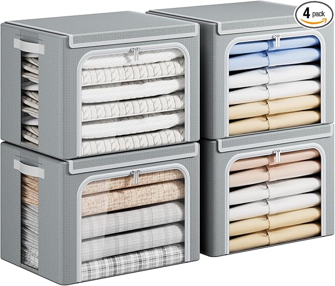 Yecaye Clothing Storage Bin with Lid, Clothes Storage Grey, 40L, 4 Pack | Metal Frame, Foldable, Stackable, Clear Window, Zippers, PU Leather Handles by Yecaye