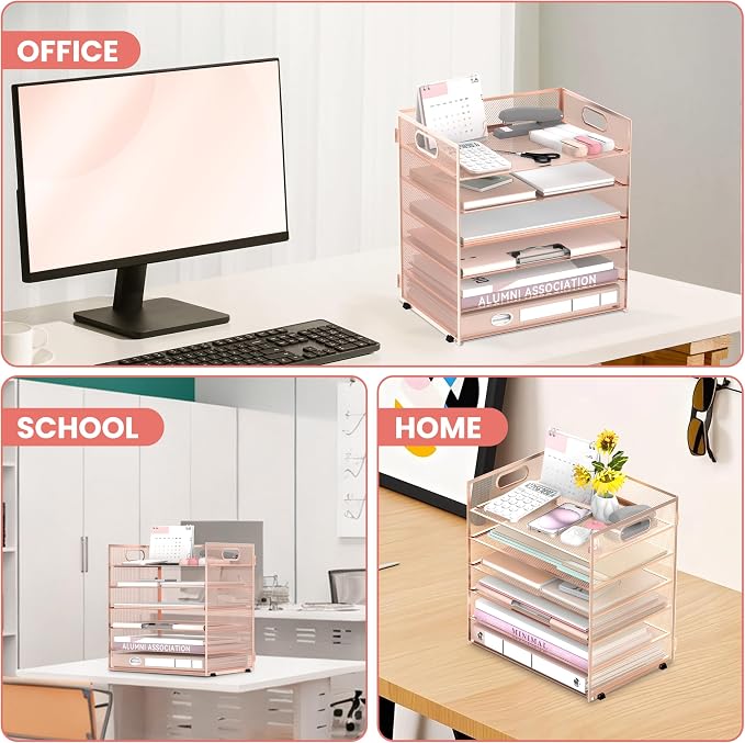 Daltack 6-Tier Paper Organizer for Desk with Handle, Rose Gold | Sturdy Metal Mesh Organizer with Movable Middle Trays and a Carry Handle for Papers, Folders and Office Supplies - Image 6