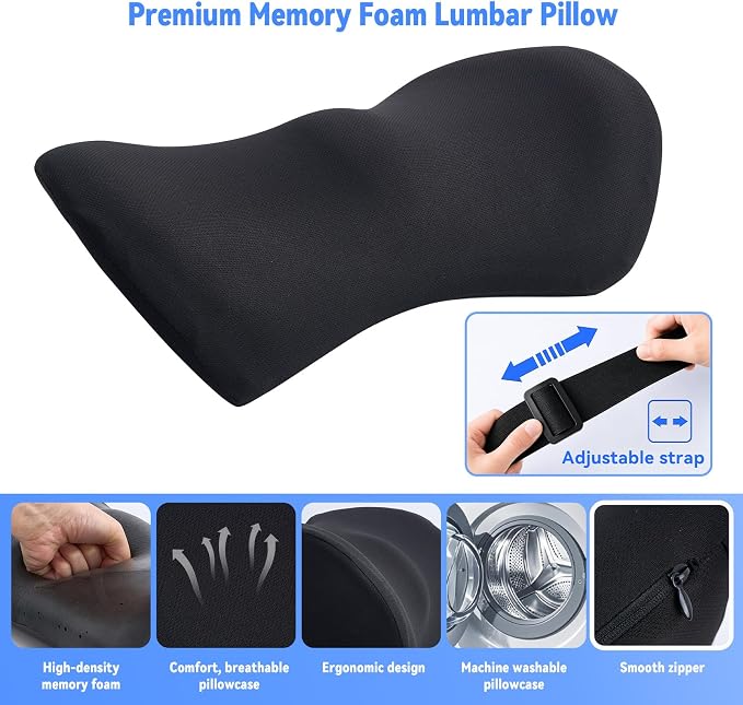 Lumbar Support Pillow for Office Chair and Car Seat, Lumbar Pillow with Adjustable Strap, Memory Foam Back Pillow for Lower Back Pain Relief, Back Support Pillow for Sitting, Driving, Traveling - Image 2