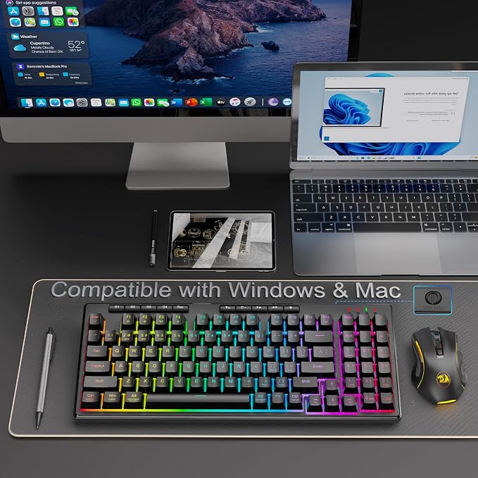 Redragon K517 Pro Wireless Gaming Keyboard, RGB Backlit, Tri-Mode BT/2.4GHz/USB-C, Mechanical Feel 94 Keys Computer Keyboard with 4 Macro Keys, Number Pad, 4000mAh Battery for Win/MAC - Image 7