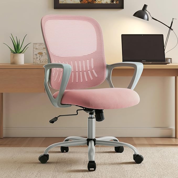 OLIXIS Home Office Chair, Mesh Desk Chair, Ergonomic Lumbar Support | Mid Back Computer Ergonomic, Height Adjustable Swivel Task, Large Seat Armrest, Adults, Pink by OLIXIS