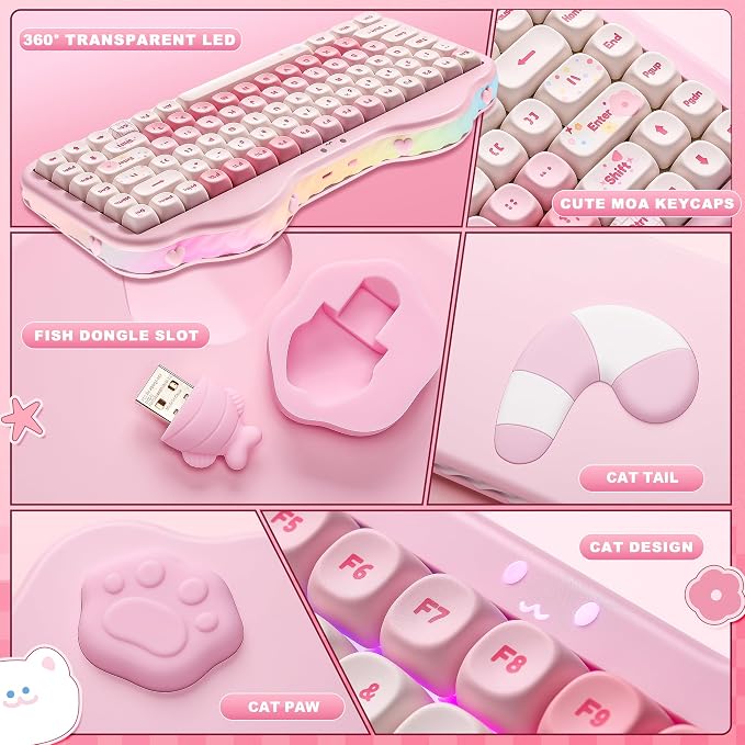 YUNZII C75 Cute 75% Wireless Mechanical Keyboard (Pink, Milk Switch) | Creamy Cake Keyboard, BT5.0/2.4G/USB-C, Hot-Swap, NKRO, PBT MOA Keycaps,5500mAh RGB Gasket Mount for Mac/Win/Gaming/Office - Image 8