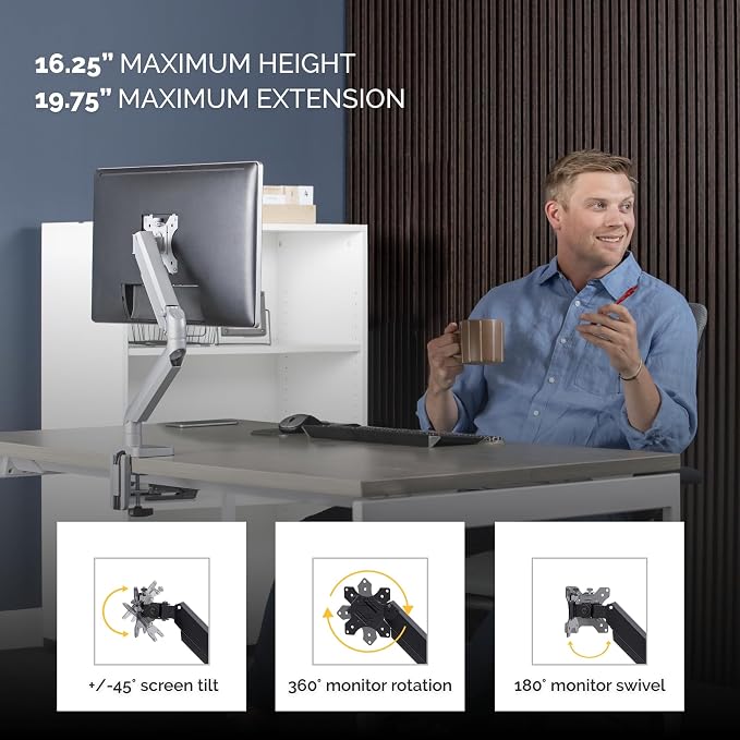 Fellowes Platinum Series Single Monitor Arm for 40-Inch Monitors, Full Motion, 360° Rotation, VESA Mount with Grommet or Clamp, USB Ports, Ergonomic, Silver, 8056401 - Image 4
