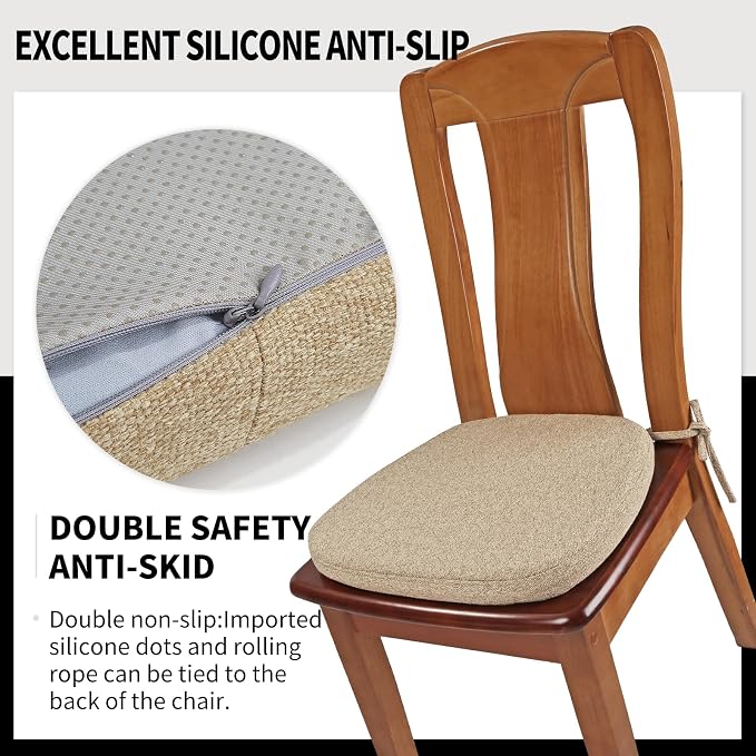 SINOSSO 4 Pack Memory Foam Chair Cushions for Dining Chairs, Friendly Woven Fabric 16" U-Shape Comfortable Kitchen Chair Pads, Removable Slip Resistant Seat Cushions (Set of 4, Linen) - Image 6