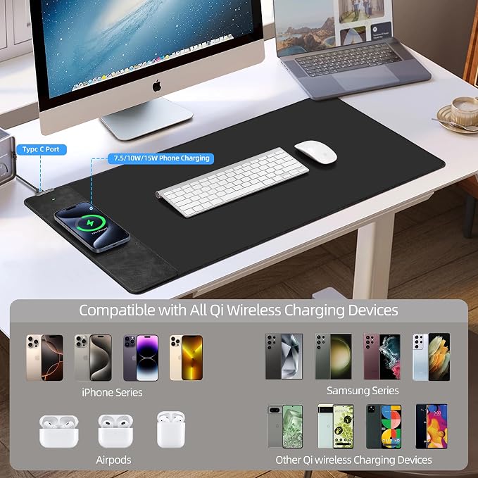 Wireless Charging Mouse Pad, Gaming Mouse Pad with Ultra-Smooth Surface, 31.5”x15.75” Large Desk Mat, Non-Slip Rubber Base, Waterproof Computer Keyboard Pad for Gaming, MacBook, Laptop, Desk - Image 5
