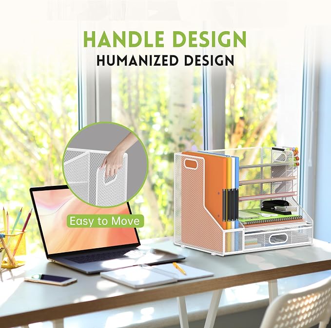 5-Tier Desk Organizer with File Holder & Pen Holder & Sliding Drawer, White | Mesh Metal Paper Letter Tray for Papers, Mail, Office Supplies, and Desk Accessories - Image 6