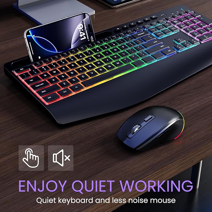Wireless Keyboard and Mouse Combo- VEILZOR 2.4G Rechargeable Keyboard with Phone Holder, Ergonomic Wrist Rest, 9 RGB Backlit Effects, Silent Keyboard Mouse Set for Windows, Laptop, PC | 2.4G Wireless Light Up Keyboard Set, Phone Holder, Wrist Rest, 9 R... - Image 7