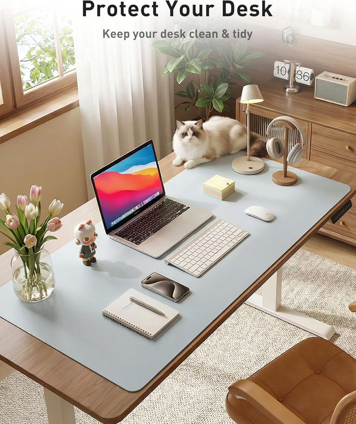 Aothia Faux Leather Desk Mat - Large Mouse Pad, Non-Slip PU Leather Blotter, Waterproof Writing Surface for Office and Home (Baby Blue, 42" x 17") - Image 3