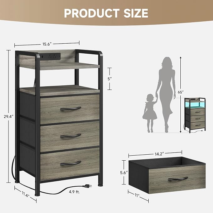 Lazzanto Nightstand with Rear Charging Station, LED Light, 3 Drawers, Grey | Industrial Nightstand, 2 USB-A Ports & AC Outlets, Raised Back Guard, Fabric Storage Drawers, Bedside Table for Bedroom, Dorm - Image 3
