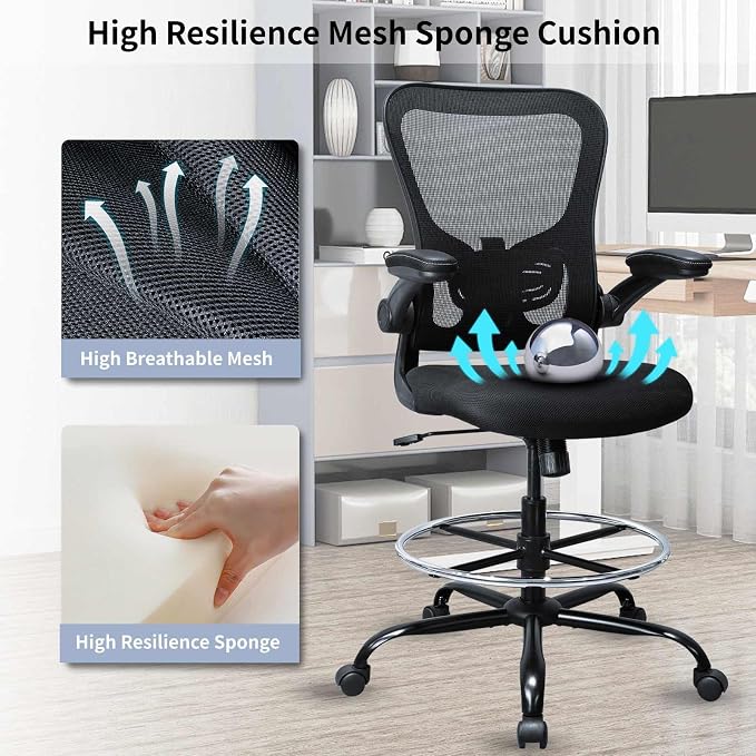 Drafting Chair, Ergonomic Tall Office Chair for Standing Desk, Counter Height Desk Chair with Adjustable Padded Armrests and Footrest Ring Standing Desk Chair Adjustable Height with Lumbar Support - Image 5