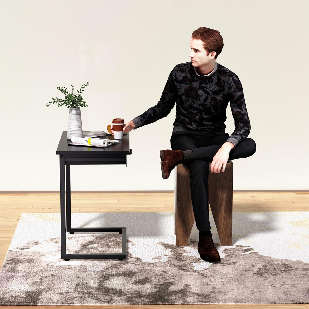 C Shaped End Table,Small Couch Side Table with Drawer,for Living Room, Bedroom Magazines, Computers, Coffee, Small Objects Storage.Black - Image 8