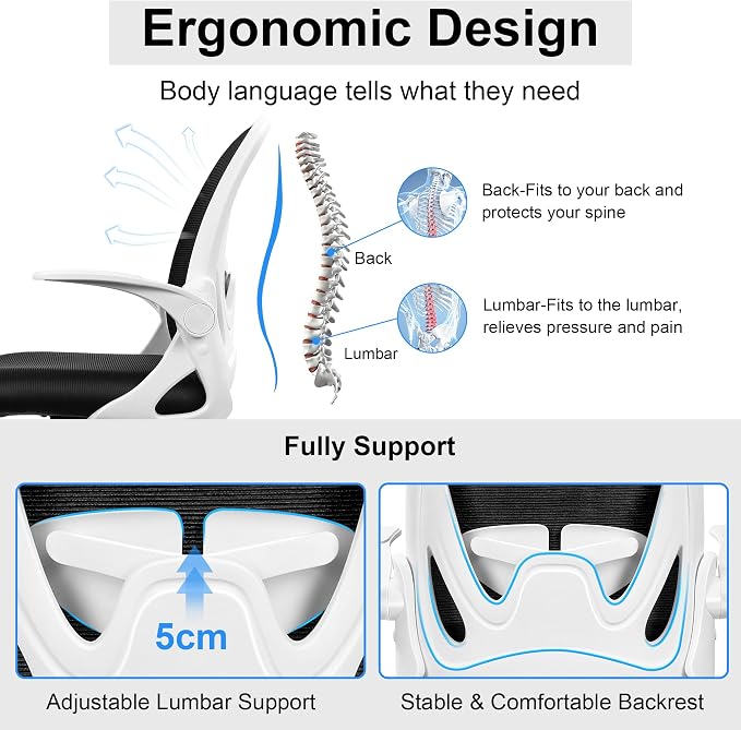 Office Chair Ergonomic Desk Chair with Adjustable Lumbar Support and Height, Swivel Breathable Desk Mesh Computer Chair with Flip up Armrests for Conference Room(White) - Image 4