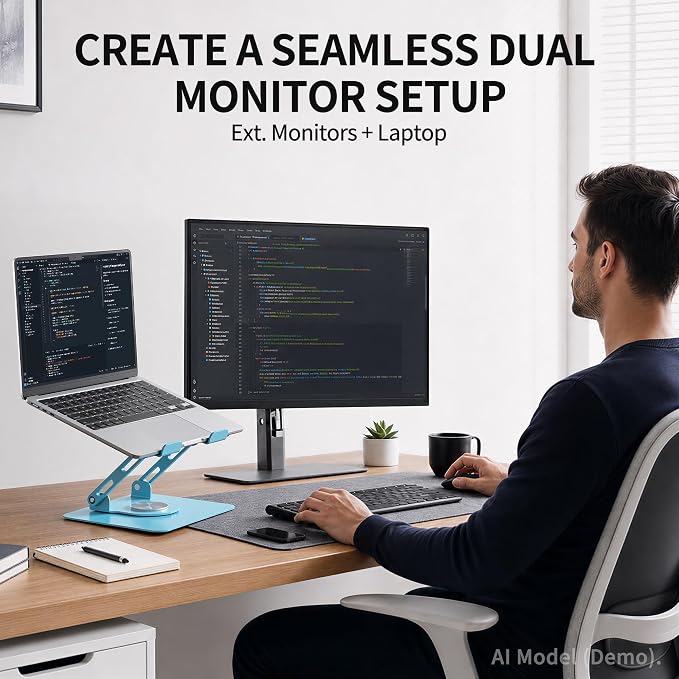 SOUNDANCE 360 Rotating Laptop Stand, Ergonomic Computer Riser for Desk, Adjustable Height Multi-Angle Metal Holder, Foldable Portable Notebook Elevating Base for Office & Home, Blue - Image 7