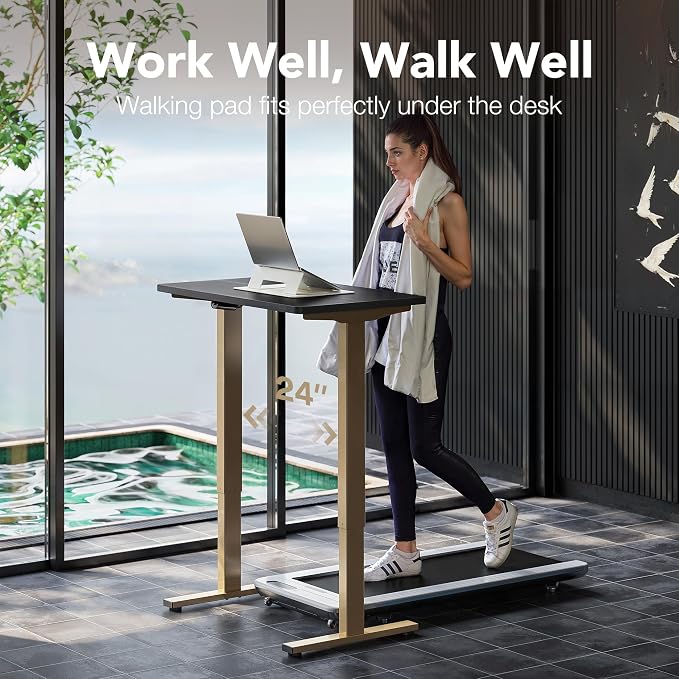 HUANUO 32" Small Electric Standing Desk Adjustable Height, 4 Memory Height Settings, Sit Stand Up Desk for Home Office & Computer Workstation, Black and Gold Frame | 176 Lbs Capacity, Rounded Corners, Wheel-Ready Feet, Compact Desktop, Apartment Worksp... - Image 9