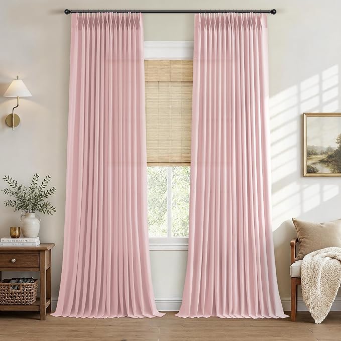 Hokibero Pink Pinch Pleated Linen Curtains 90 Inch Long for Living Room | Light Filtering Semi Sheer Curtain,Back Tab Hooks Rings,Modern Farmhouse Textured Privacy Drapes for Bedroom Window,2 Panels by Hokibero