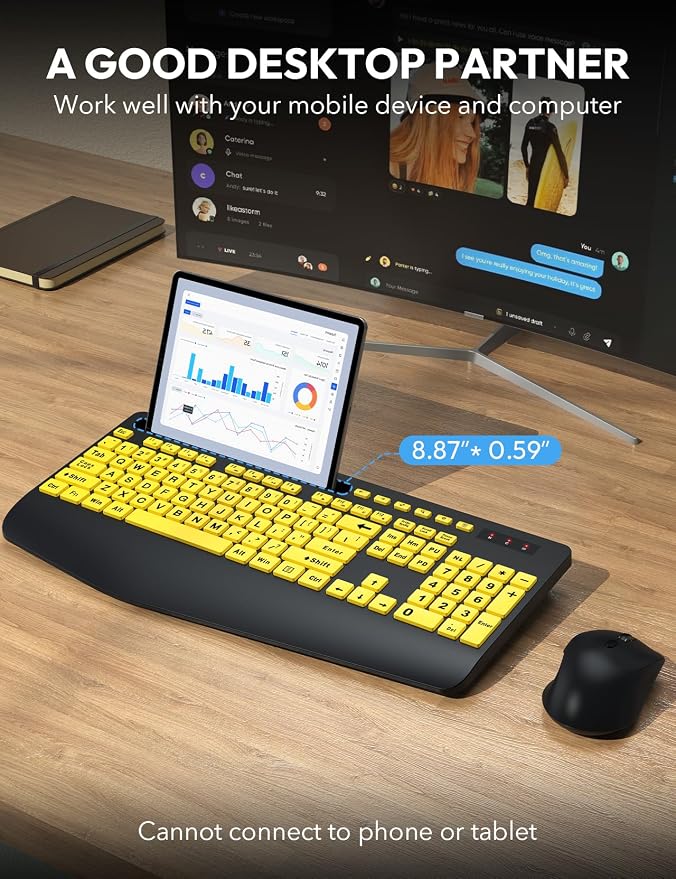 Wireless Keyboard and Mouse Combo with Large Print, Ergo Wrist Rest | 2.4G Lag-Free, Phone Holder, Silent Typing, Full Size High Contrast, KM23D Battery Powered Set for Low Vision and Elderly - Image 4