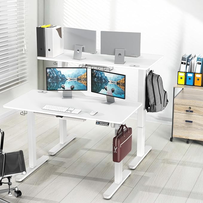SHW 48-Inch Electric Height Adjustable Standing Desk w/Drawer, White | w/ Memory Presets and Cable Management | Drawer with adjustable compartments | Hanging Hooks - Image 2