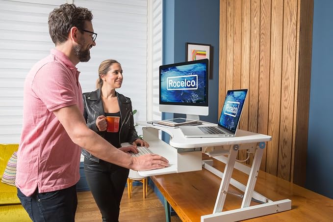 Rocelco 37.5" Height Adjustable Standing Desk Converter with Dual Monitor Mount and Anti-Fatigue Mat - Slide Out Retractable Keyboard Tray - Sit Stand Up Tabletop Riser - White (R DADRW-DM2-MAF) - Image 3