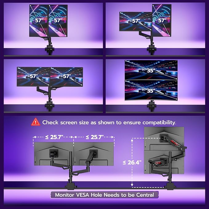 ARES WING Heavy-Duty Gas Spring Dual Ultrawide Monitor Arm57 60Lbs USB VESA | Height Adjustable & Extendable,Built-in USB Port,60Lbs Per Screen, Multi VESA Fit, Clamp & Grommet Base For Ultrawide Screens - Image 3