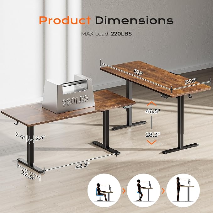 Huuger 63 x 28 Large Electric Standing Desk, Height Adjustable Computer Desk, 27.6" Deep Desktop, Stand up Gaming Office Table with 2 Hooks, 3 Preset Heights, for Home Office, Rustic Brown, 7021Z-1 - Image 2