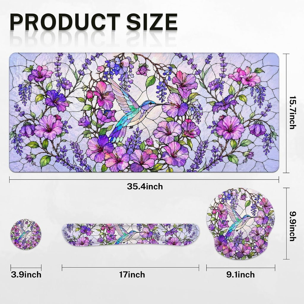 Keyboard Mouse Pad Set, 4 in 1 Desk Mat Set, Floral Hummingbird - Image 2