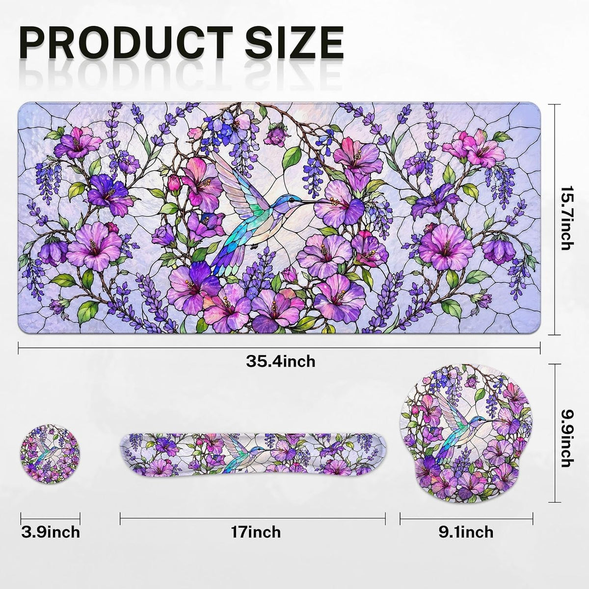Keyboard Mouse Pad Set, 4 in 1 Desk Mat Set, Floral Hummingbird - Image 2