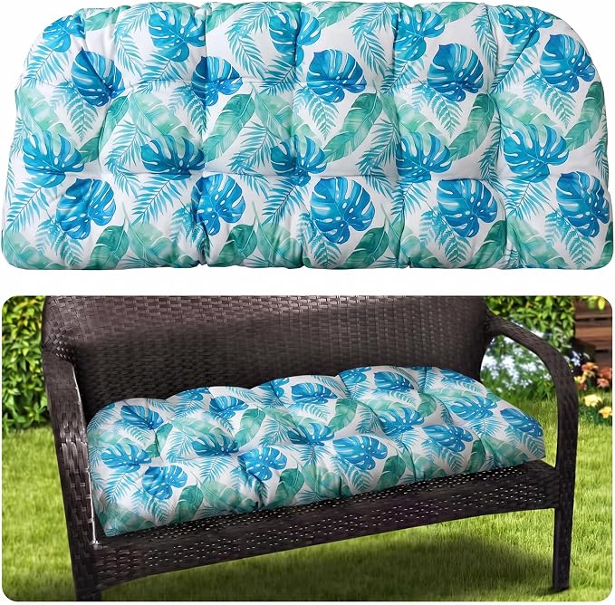 MAGIC ELEPHANT Outdoor Bench Cushion, Memory Foam Loveseat Cushion for Patio Furniture Wicker Chair, Settee Porch Swing Seat Cushion, 44 x 19 Inches (Aqua Monstera) by Magicelephant