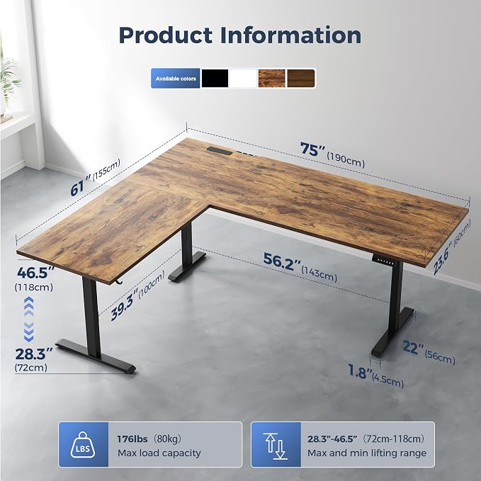 Klicelor L Shaped Standing Desk 75 x 61 Inch,Electric Height Adjustable Corner Desk with Cable Management & Power Outlets, Ergonomic Sit Stand Up Computer Table for Home Office,Rustic Brown - Image 3