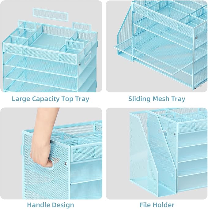 Marbrasse 5-Tier Desk Organizer with File Holder,Paper Letter Tray Organizer,Desktop File Organizer with Adjustable Compartments,Mesh Desk Organizers and Accessories for Office Supplies,Blue - Image 3