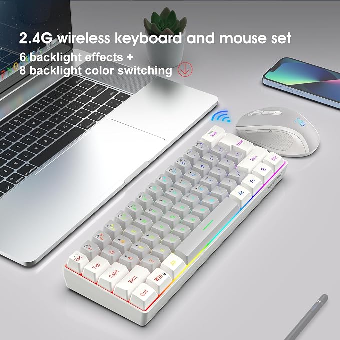 Snpurdiri 2.4G 60% Wireless Gaming Keyboard and Mouse Combo (White-Grey) | Include Mini Wireless Gaming Keyboard, Ergonomic Vertical Feel Small Wireless Mouse - Image 7