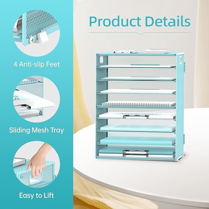 9-Tier Paper Organizer for Desk, Metal Mesh Letter Tray with Handles, Blue | Desk File Organizer with Removable Trays for Sorting Files, Folders, Mail and Printer Paper at Home, School or Office - Image 5
